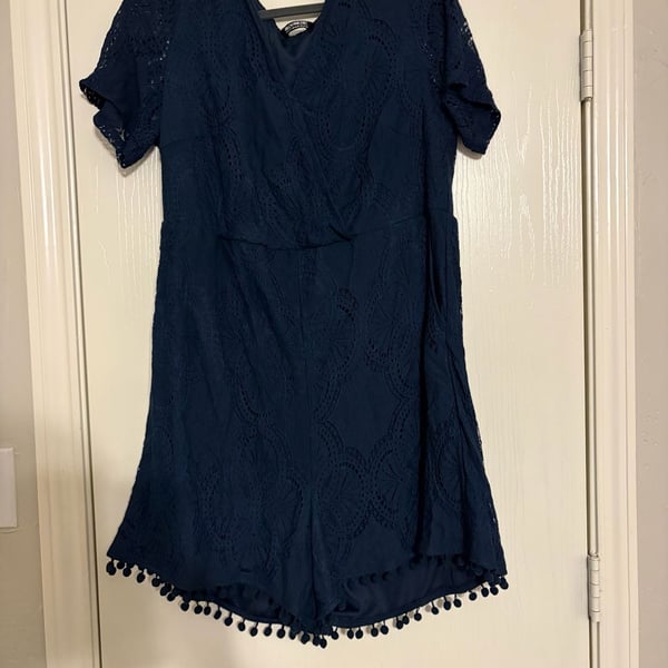 BloomChic Romper Size US 14-16 Navy Blue Lace Pom Pom Trim V-Neck Shorts