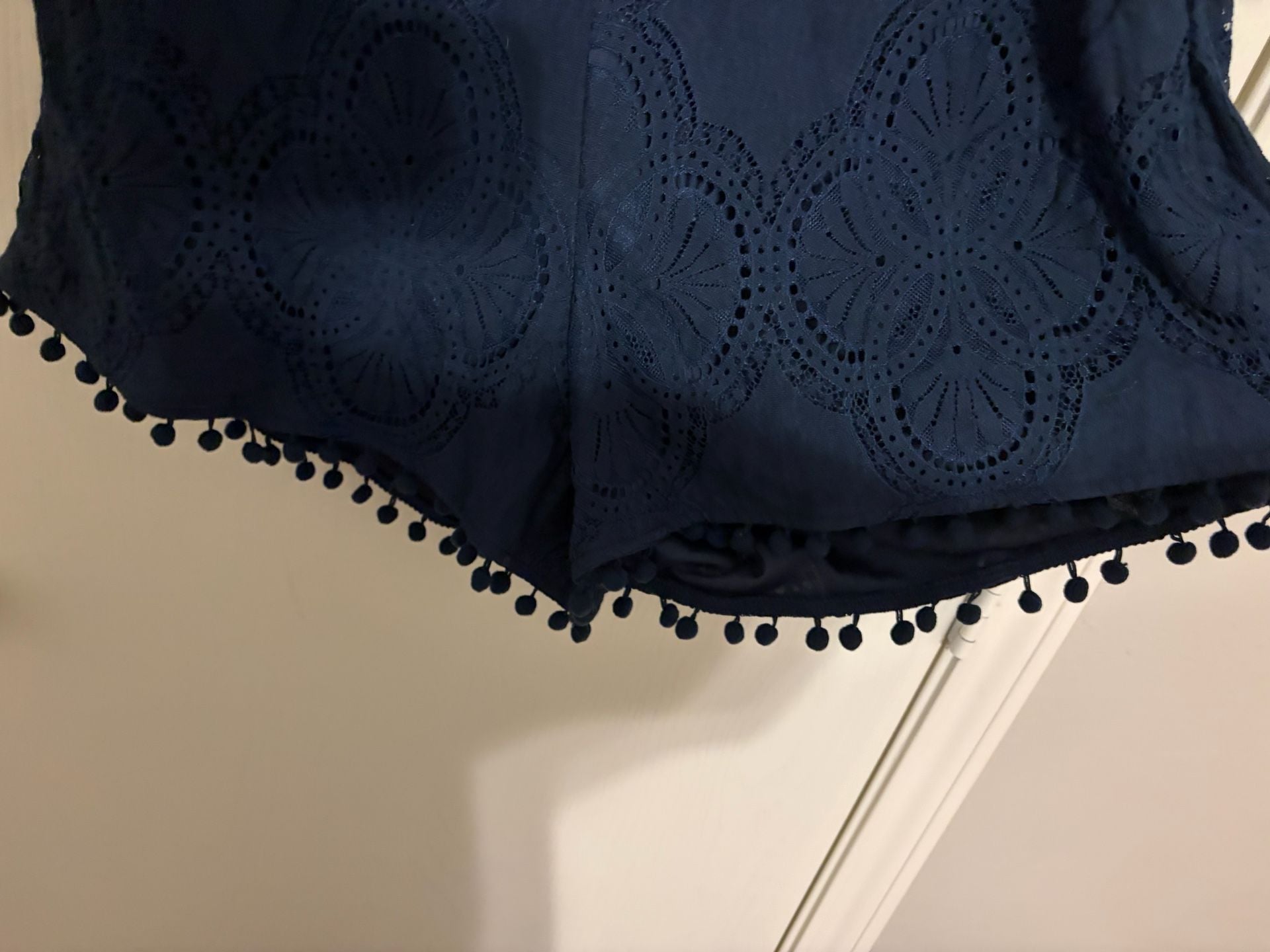 BloomChic Romper Size US 14-16 Navy Blue Lace Pom Pom Trim V-Neck Shorts 3