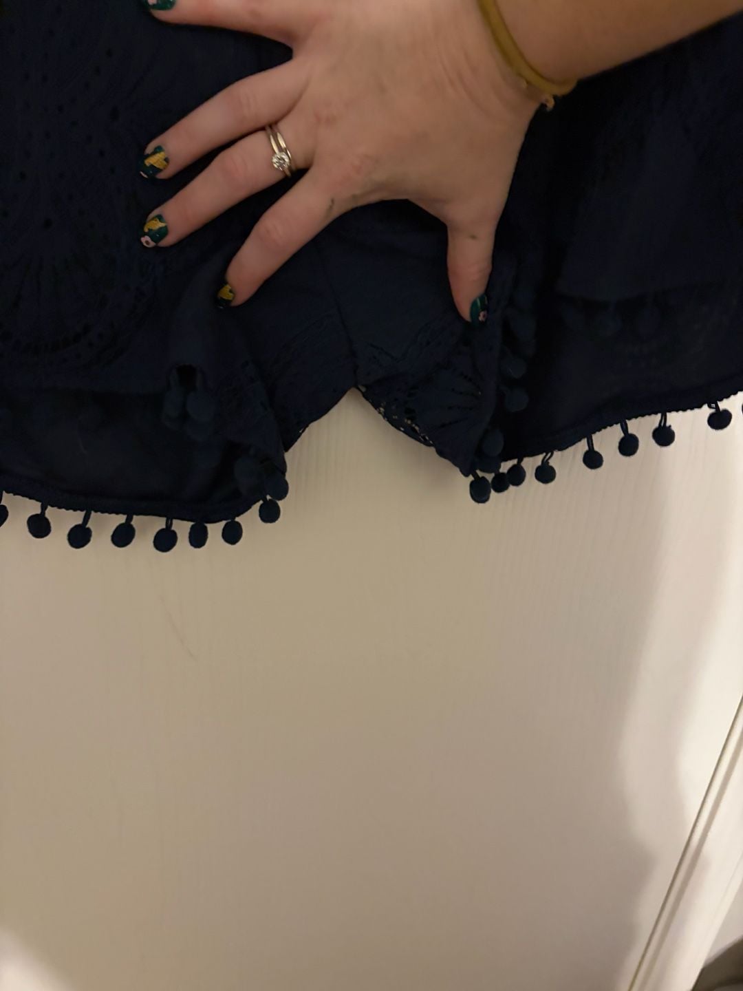 BloomChic Romper Size US 14-16 Navy Blue Lace Pom Pom Trim V-Neck Shorts 4