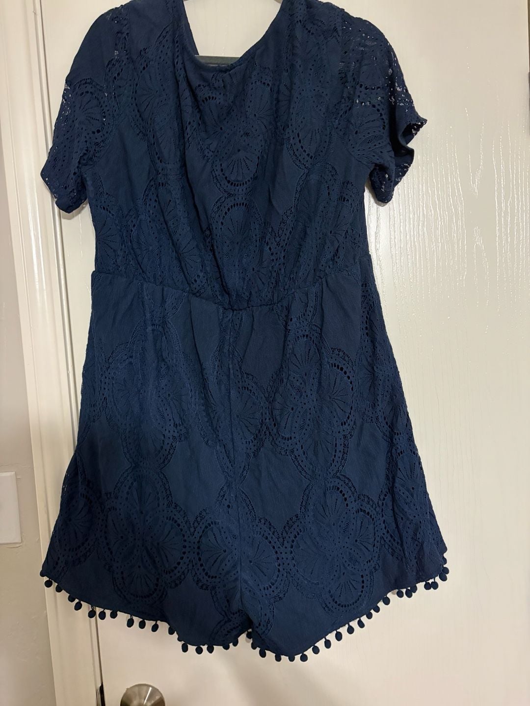 BloomChic Romper Size US 14-16 Navy Blue Lace Pom Pom Trim V-Neck Shorts 7