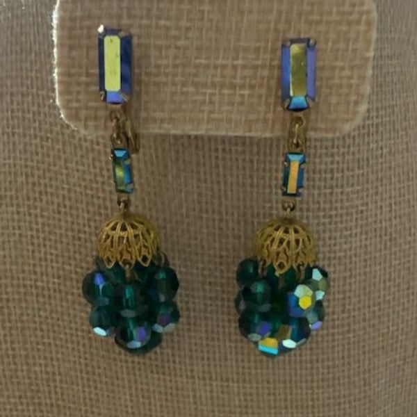 Lewis Segal Green Aurora Borealis AB Crystal Dangle Clip-on Earrings
