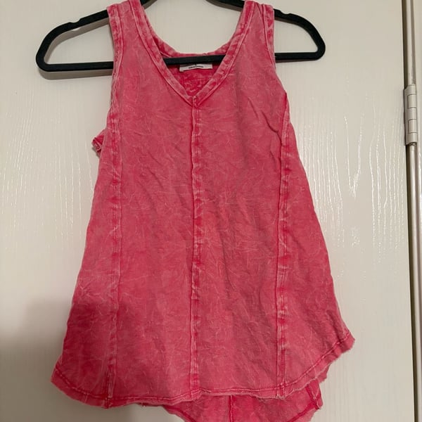 Zenana Mineral Washed Tank Top Size L Pink French Terry Raw Edge V-Neck