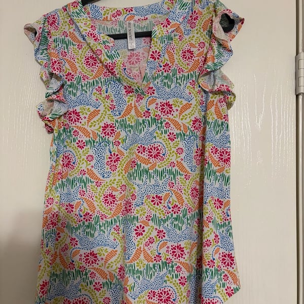 Dear Scarlett Flutter Sleeve Top Size L Multi-Color Abstract Floral