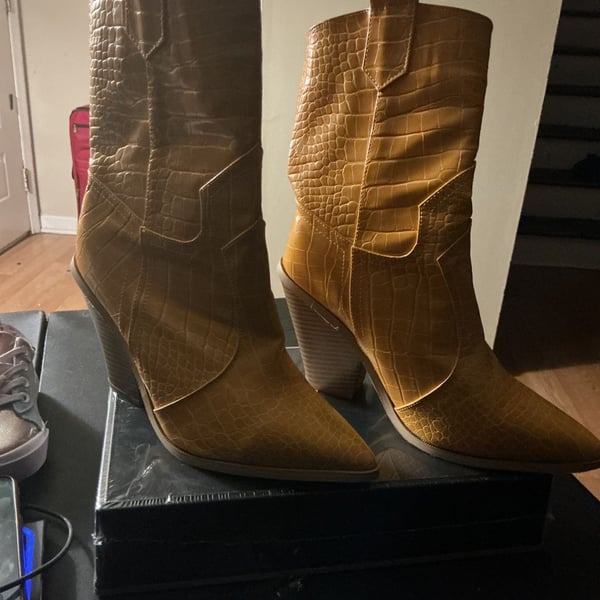 Mustard Croc Cut-Out Heel Mid Western Cowboy Boots Yellow