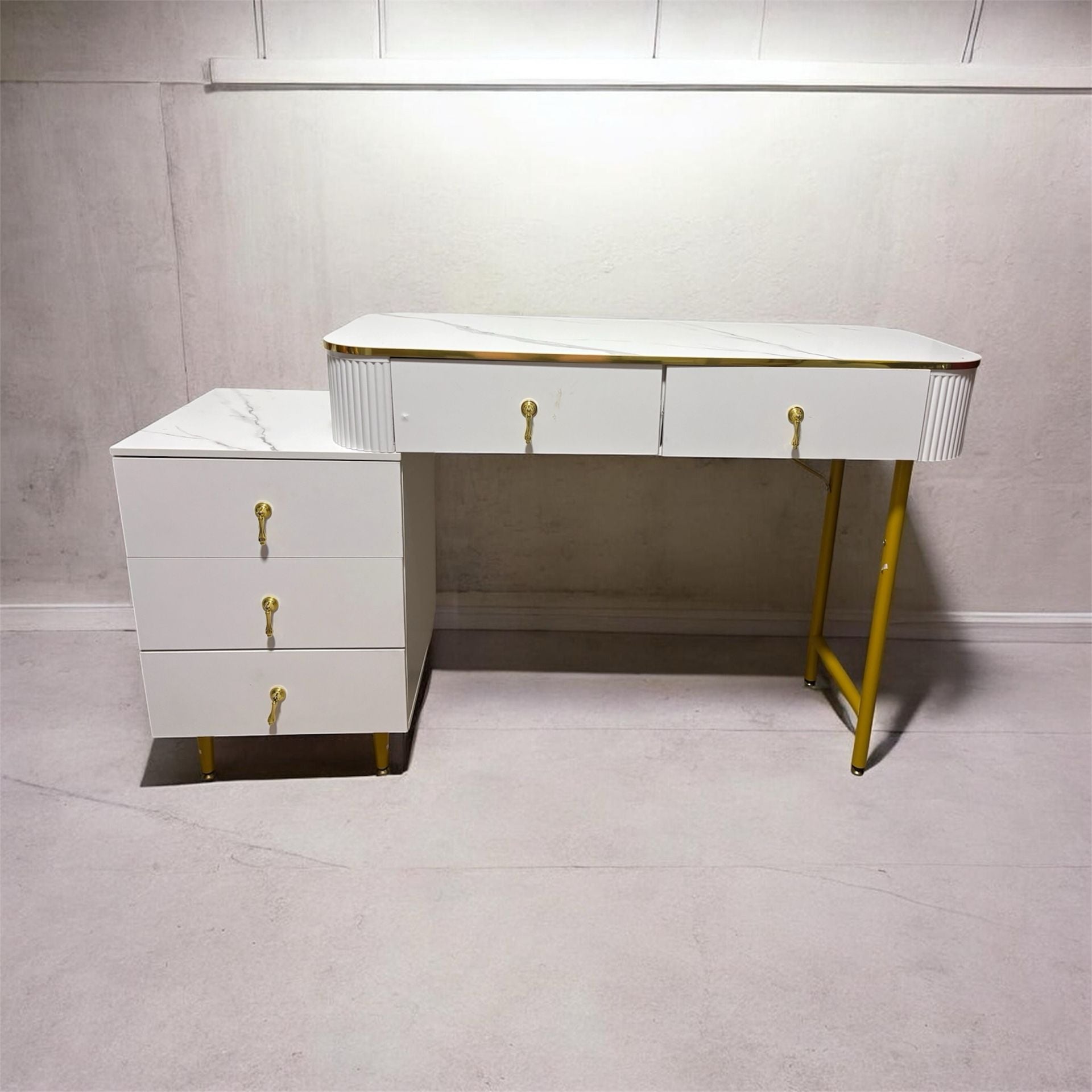 Modern White Makeup Vanity Desk with 5 Drawers Faux Marble Top Gold Trim 1