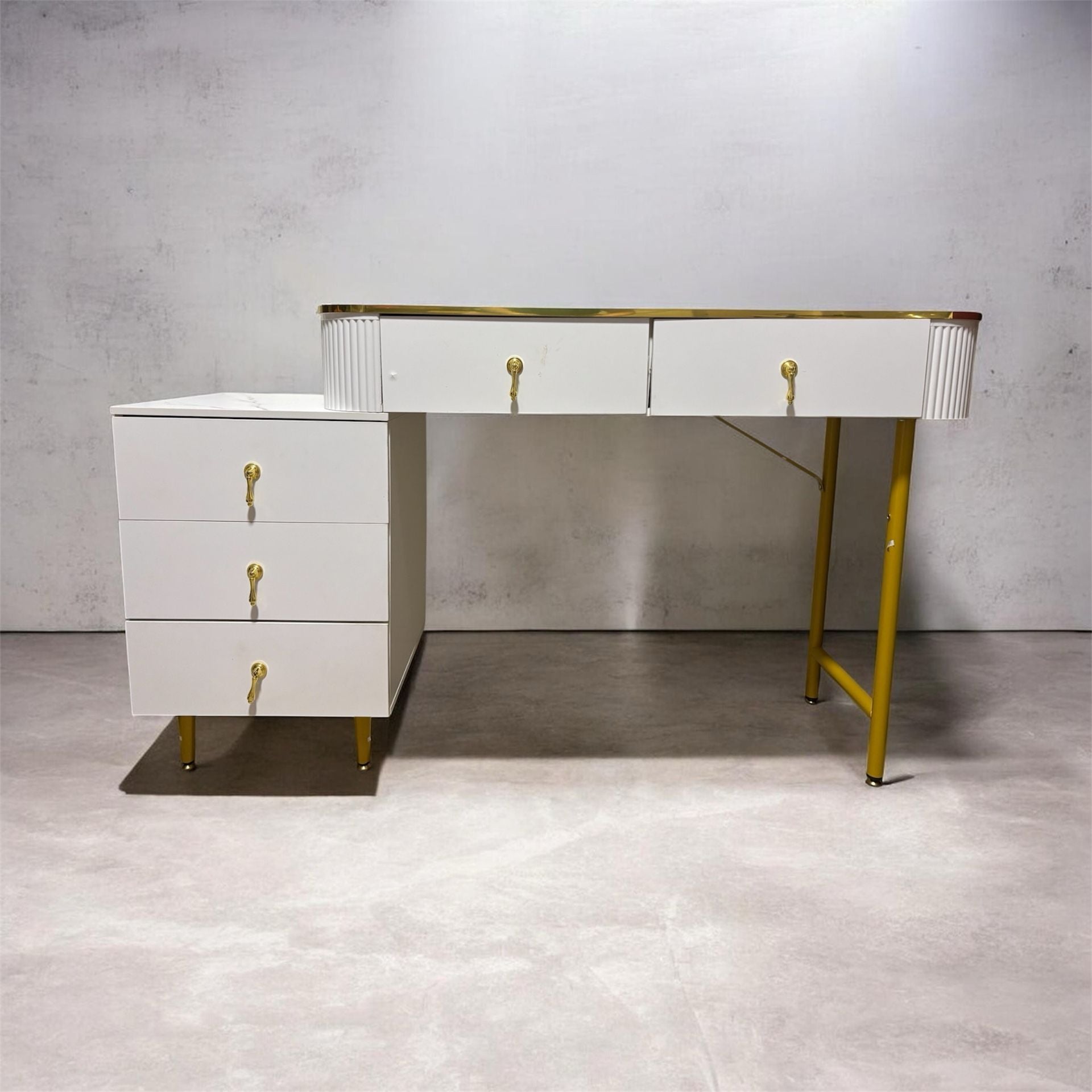 Modern White Makeup Vanity Desk with 5 Drawers Faux Marble Top Gold Trim 2