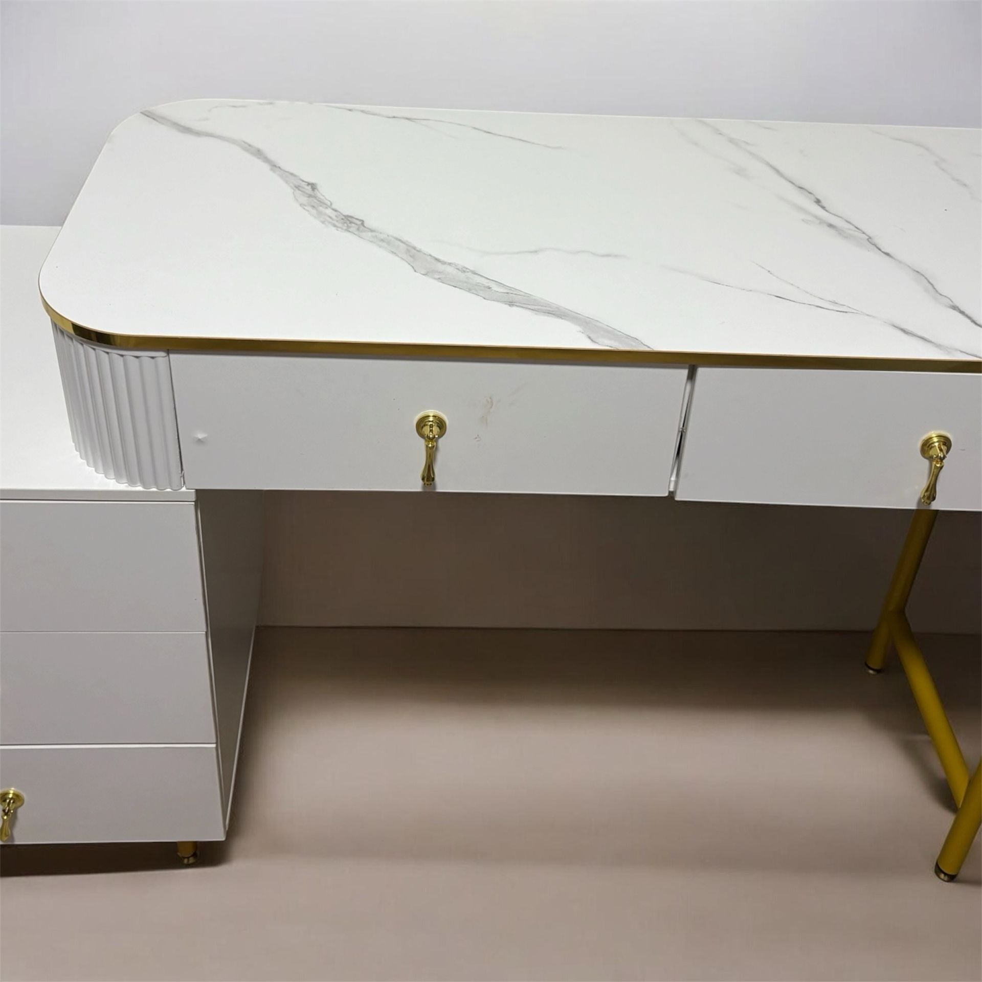 Modern White Makeup Vanity Desk with 5 Drawers Faux Marble Top Gold Trim 3