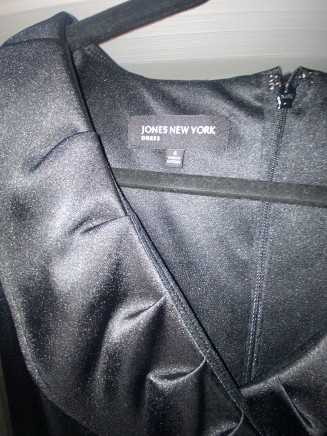 Jones New York Black Satin Ruffle V-Neck Dress 3