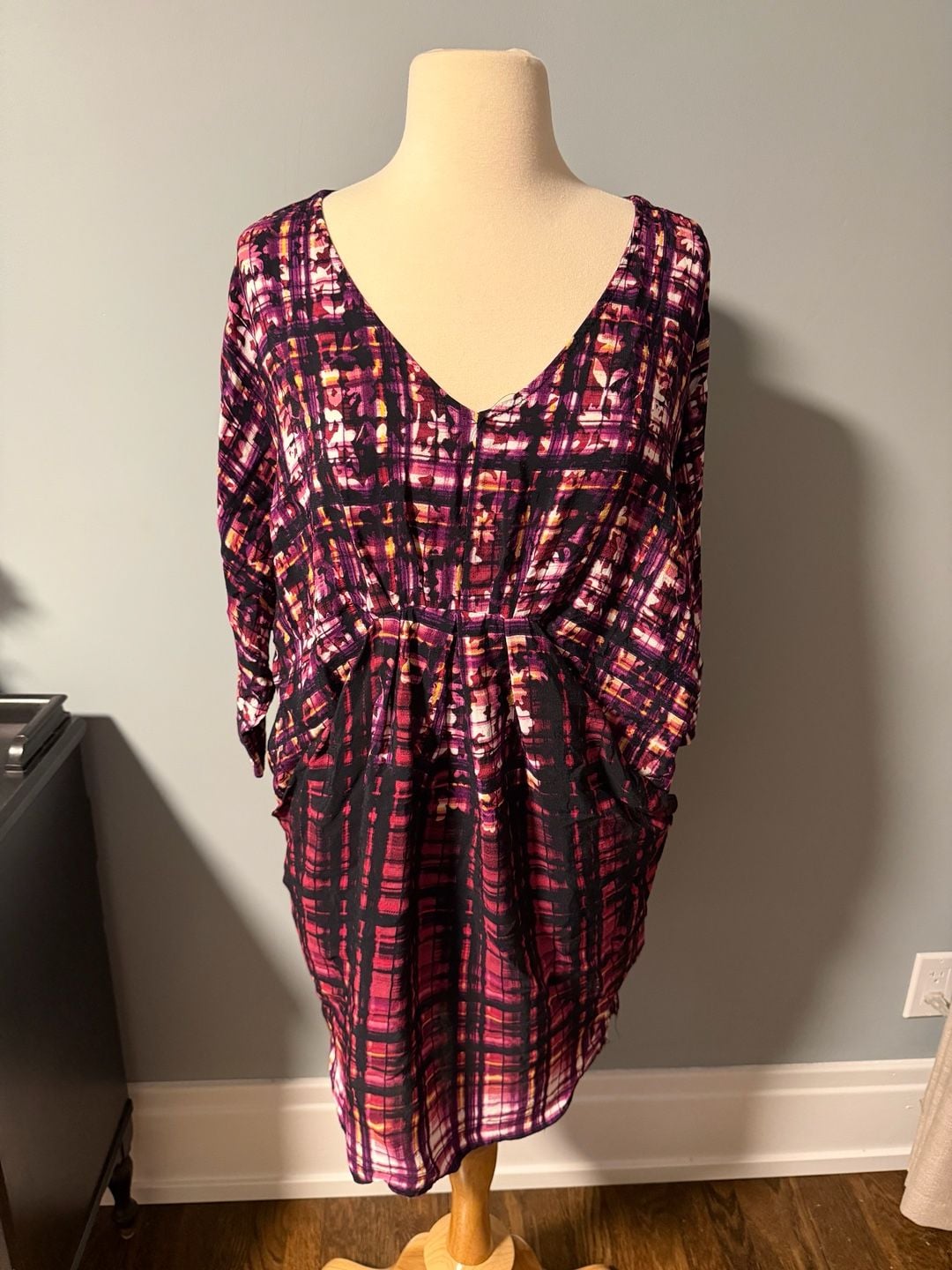 Maeve Cocoon Dress Size Small Purple Plaid Draped Dolman Sleeve 3