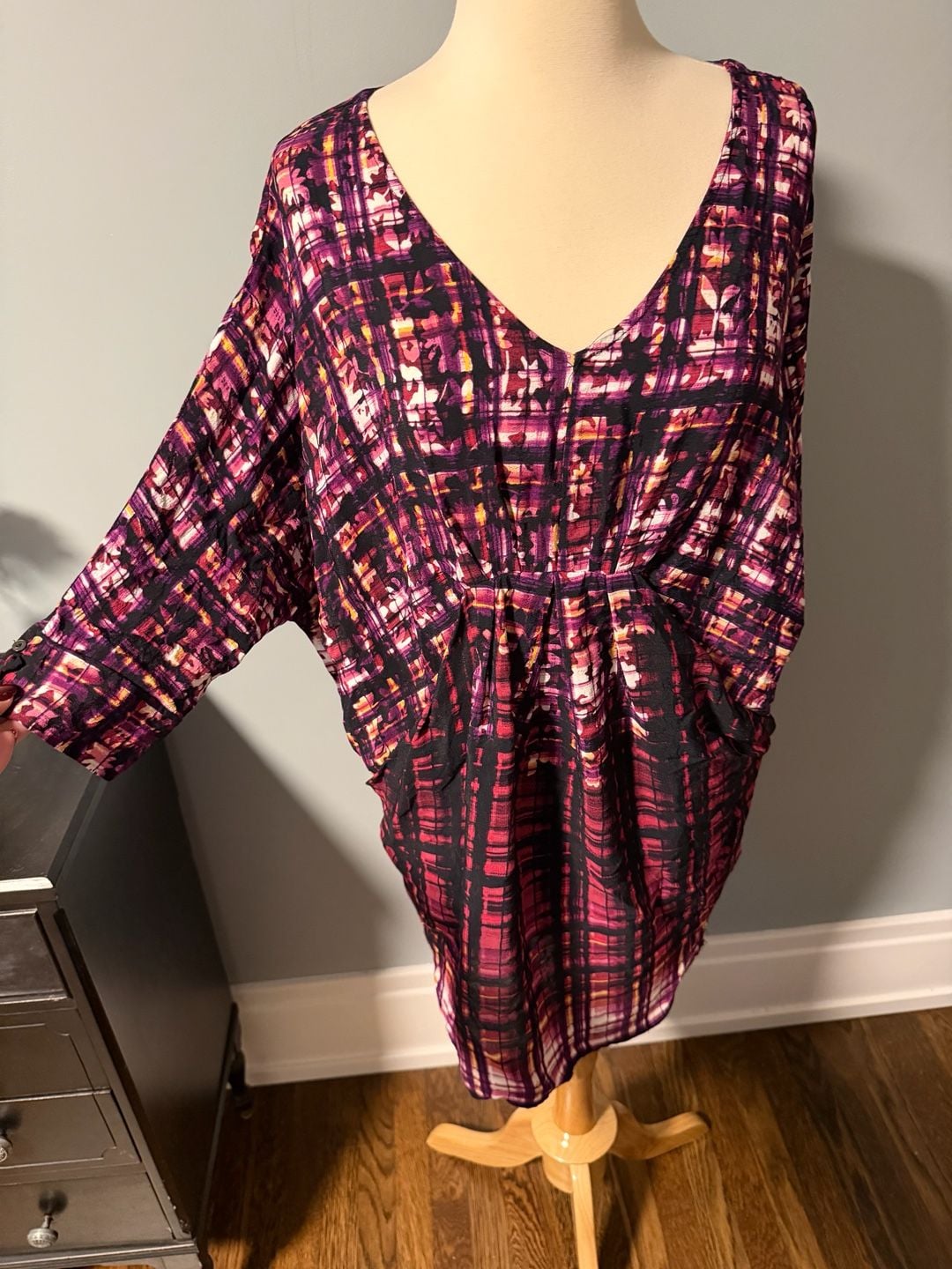 Maeve Cocoon Dress Size Small Purple Plaid Draped Dolman Sleeve 4