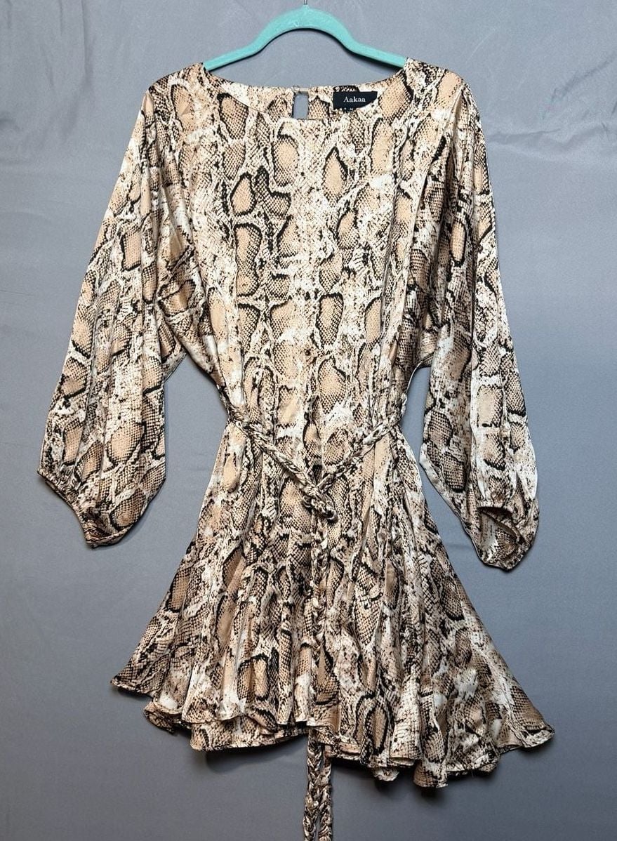 Aakaa Snakeskin Print Dress Size M Long Sleeve Beige Black 4