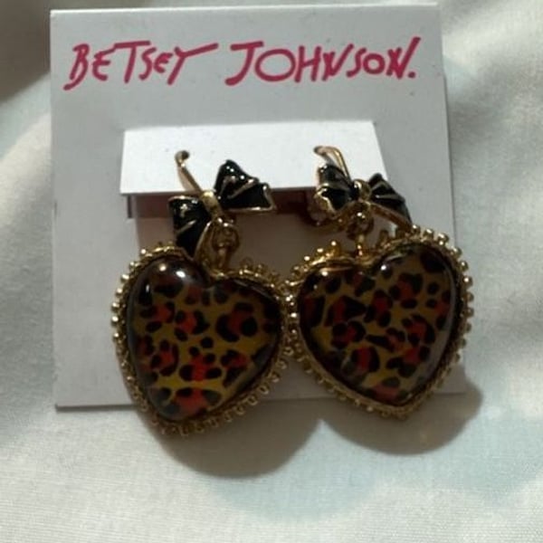Betsey Johnson Gold-Tone Leopard Animal-Print Heart Drop Earrings