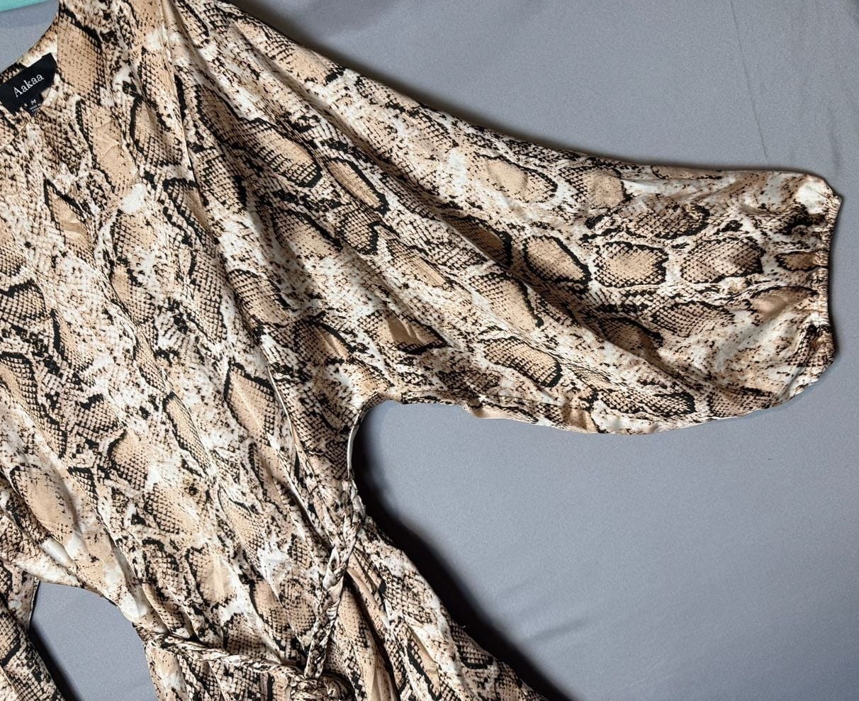 Aakaa Snakeskin Print Dress Size M Long Sleeve Beige Black 3