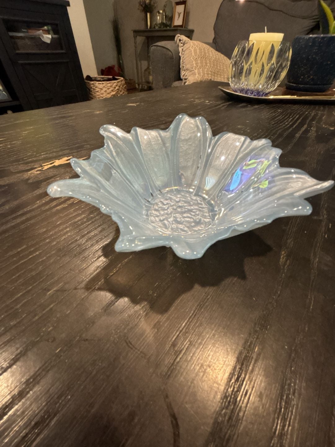 Akcam Turkish Art Glass Iridescent Flower Bowl Blue Pastel 1