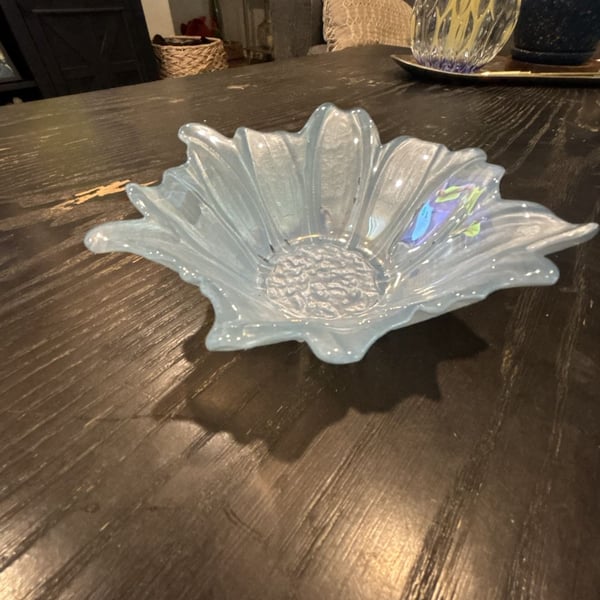 Akcam Turkish Art Glass Iridescent Flower Bowl Blue Pastel