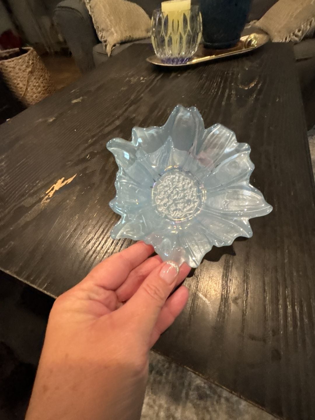 Akcam Turkish Art Glass Iridescent Flower Bowl Blue Pastel 2