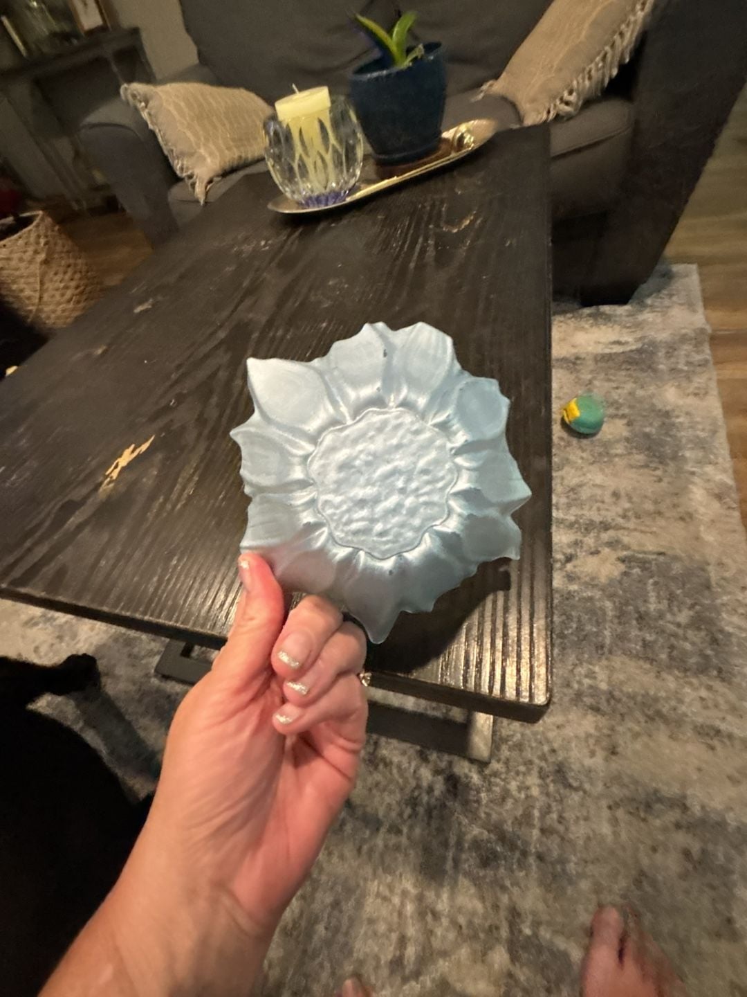 Akcam Turkish Art Glass Iridescent Flower Bowl Blue Pastel 3