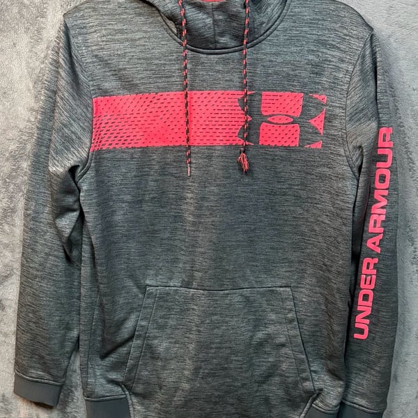 Men’s Under Armour ColdGear Hoodie Size MD Gray Pink Loose Fit Pullover Sweatshirt #8