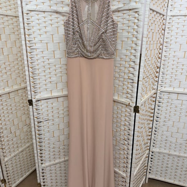 Aqua Dresses Nude Champagne Beaded Illusion Neck Keyhole Back Prom Gown