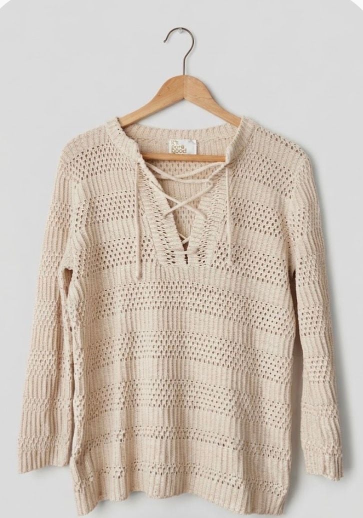 Vintage 1970s Cream Pullover Lace Up Woven Top Cottage Core Sweater Coastal Boho Festival SM 2