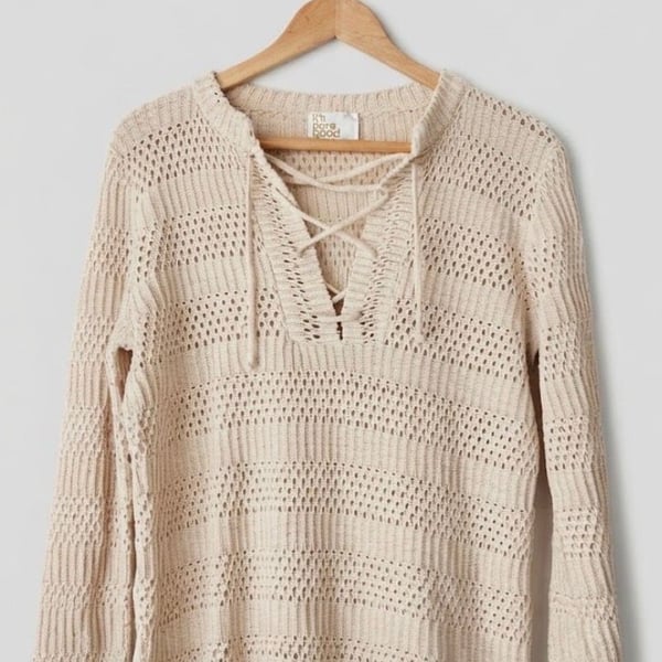 Vintage 1970s Cream Pullover Lace Up Woven Top Cottage Core Sweater Coastal Boho Festival SM