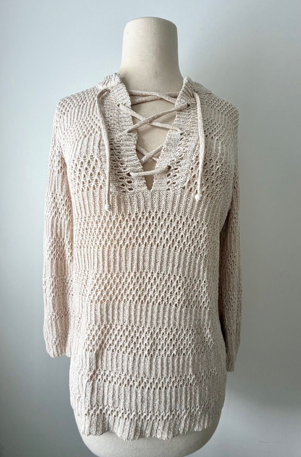 Vintage 1970s Cream Pullover Lace Up Woven Top Cottage Core Sweater Coastal Boho Festival SM 3