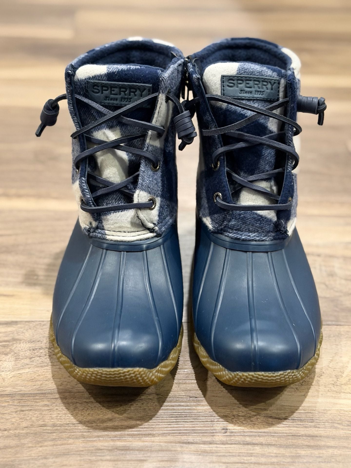 Sperry Saltwater Duck Boots Womens Navy Blue Buffalo Check Plaid 2