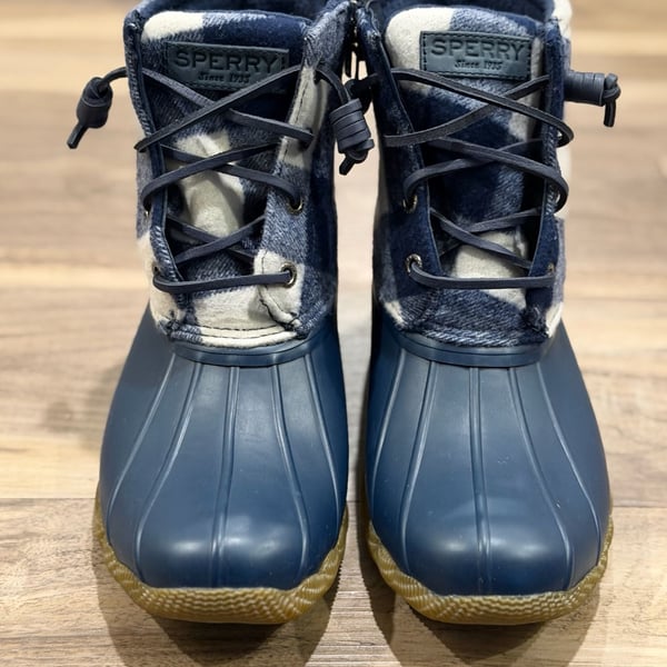 Sperry Saltwater Duck Boots Womens Navy Blue Buffalo Check Plaid