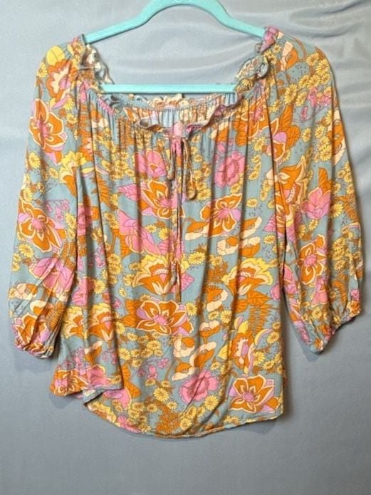 Boho Orange Floral Print Off Shoulder Blouse 2