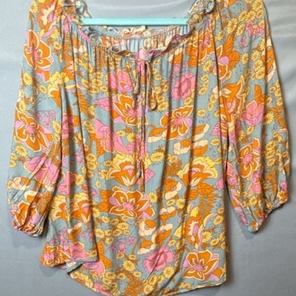 Boho Orange Floral Print Off Shoulder Blouse