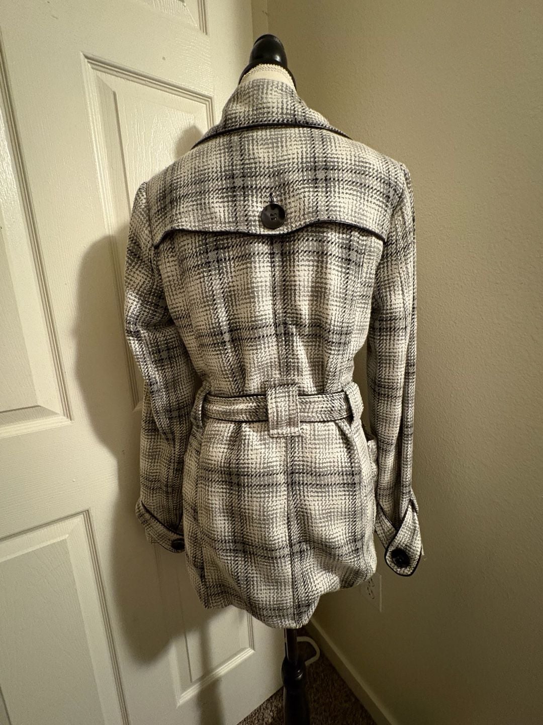 Vintage Y2K Rare Vanity Plaid Trench Coat Black White Belted M 4