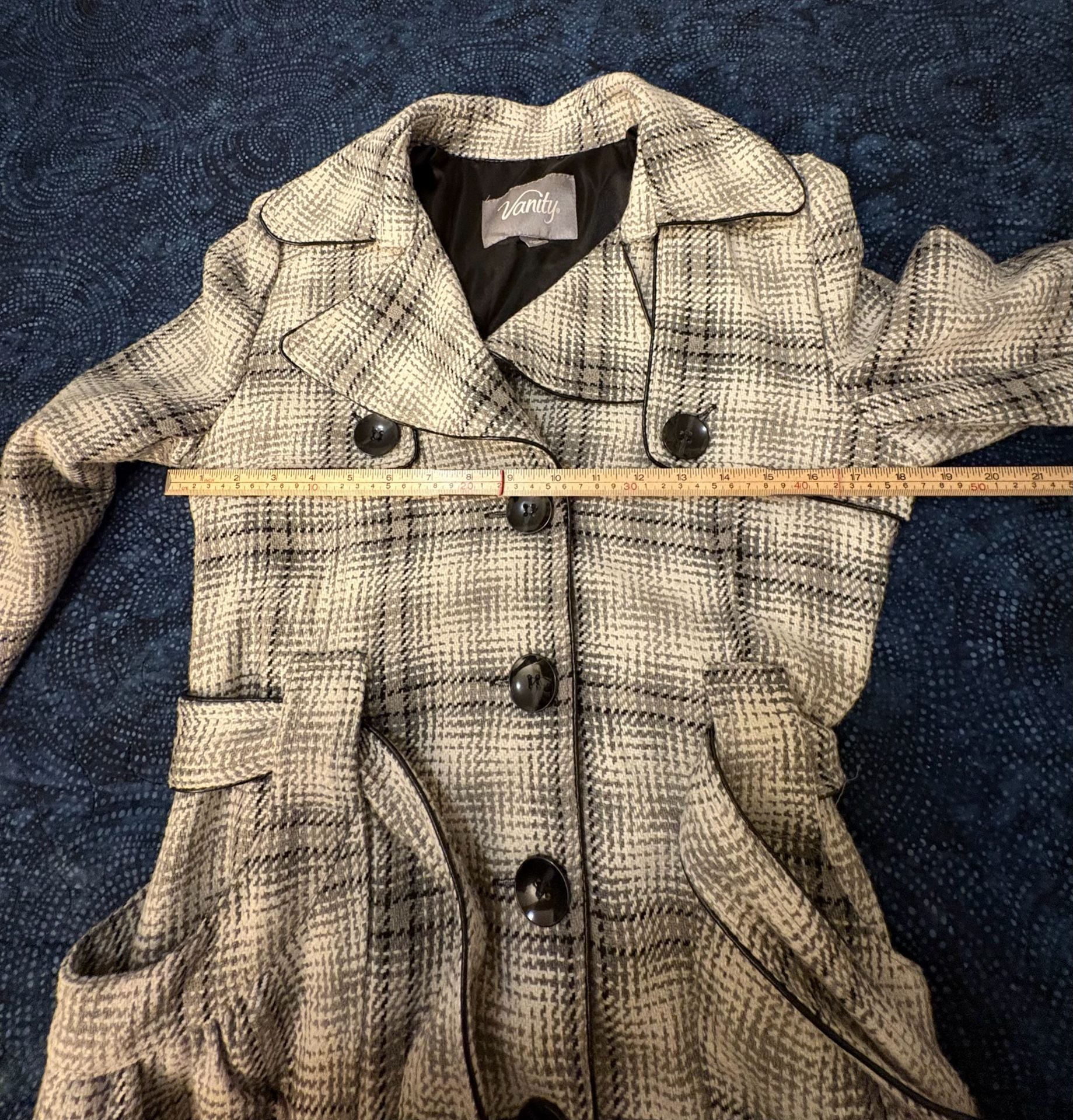 Vintage Y2K Rare Vanity Plaid Trench Coat Black White Belted M 6
