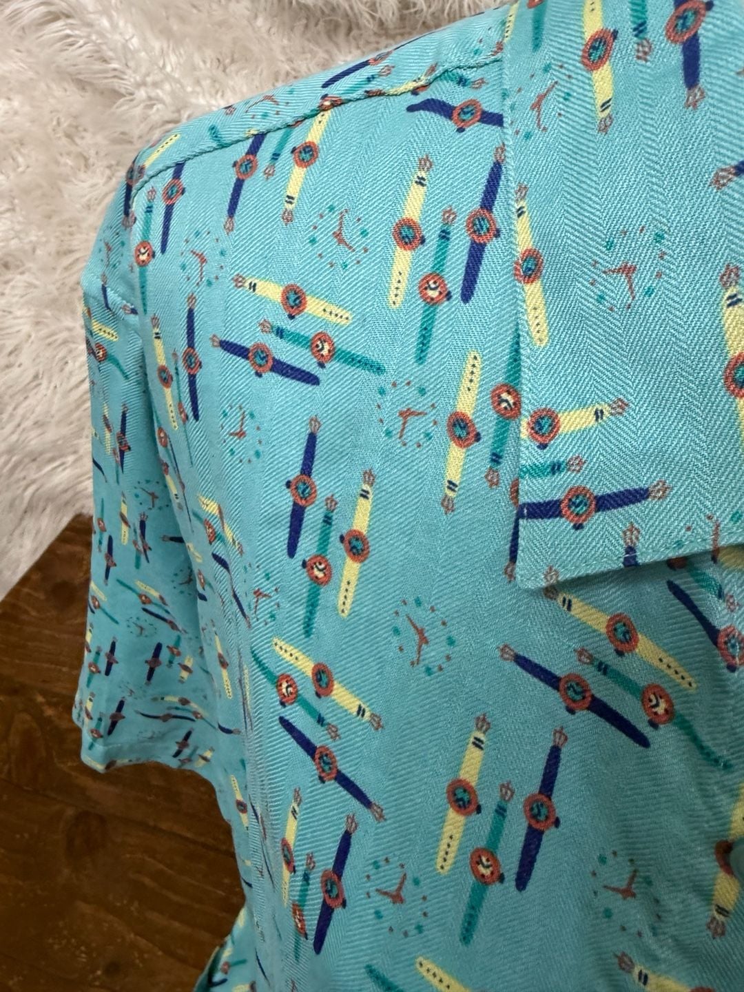 2XL Vintage Silk Watch Print Short Sleeve Button Up Shirt 7