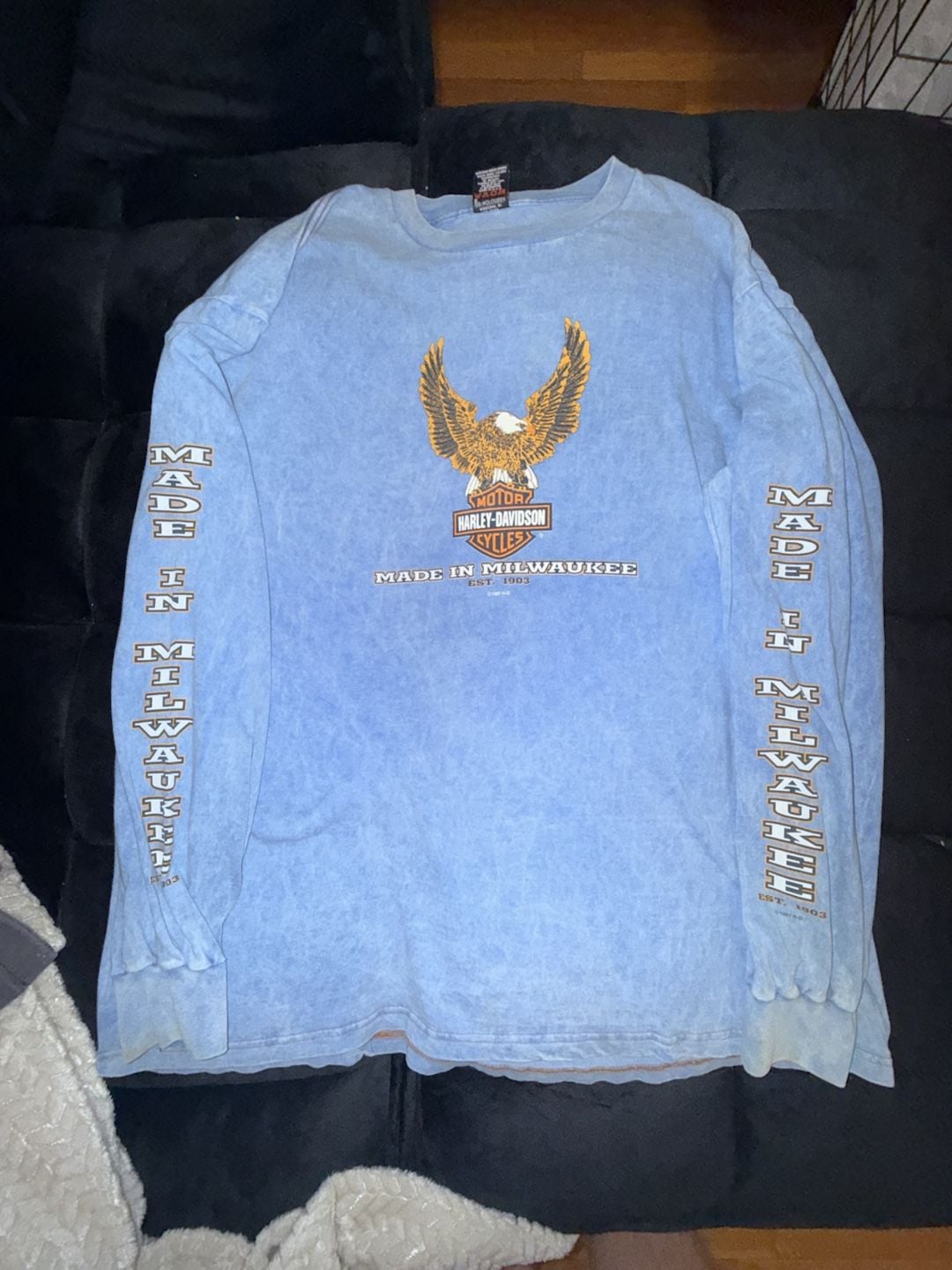 1997 Harley Davidson Long Sleeve T-Shirt Plattsburgh NY Blue Vintage Eagle 2