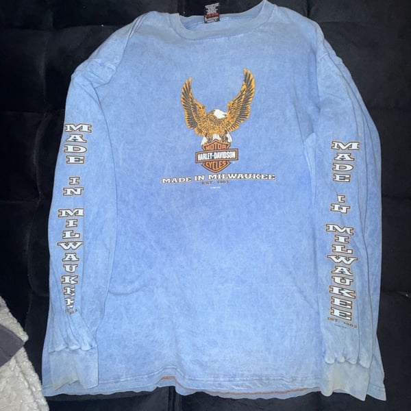 1997 Harley Davidson Long Sleeve T-Shirt Plattsburgh NY Blue Vintage Eagle