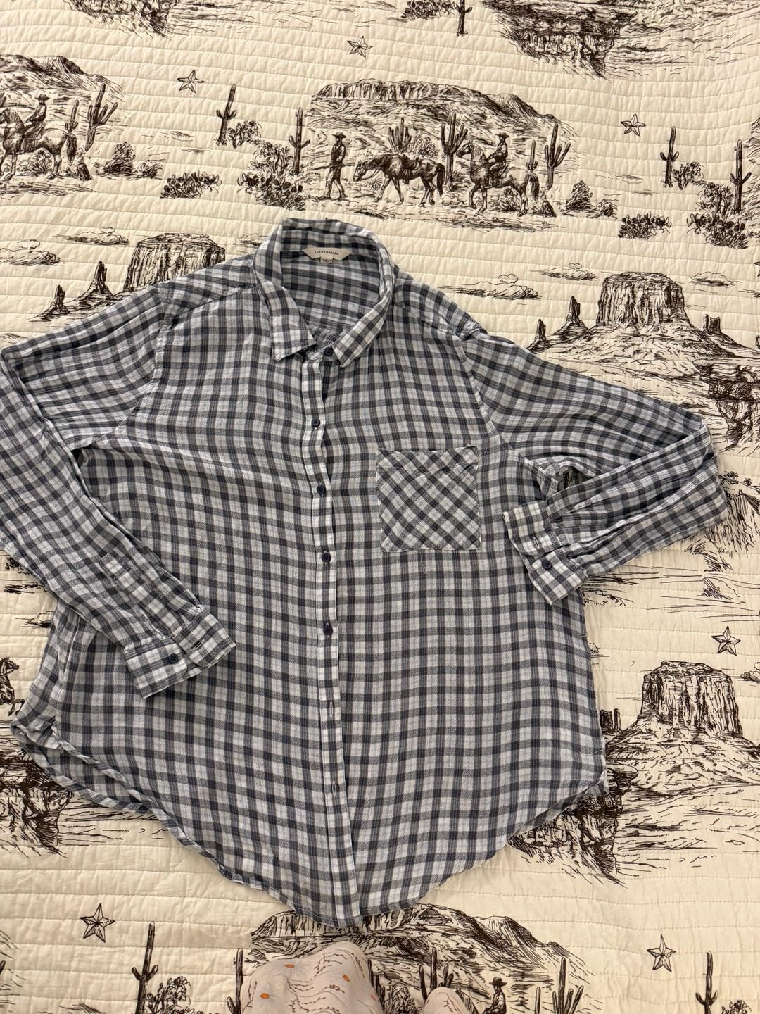 Lucky Brand Plaid Button Down Shirt Size L Blue Gray Cotton Viscose 2