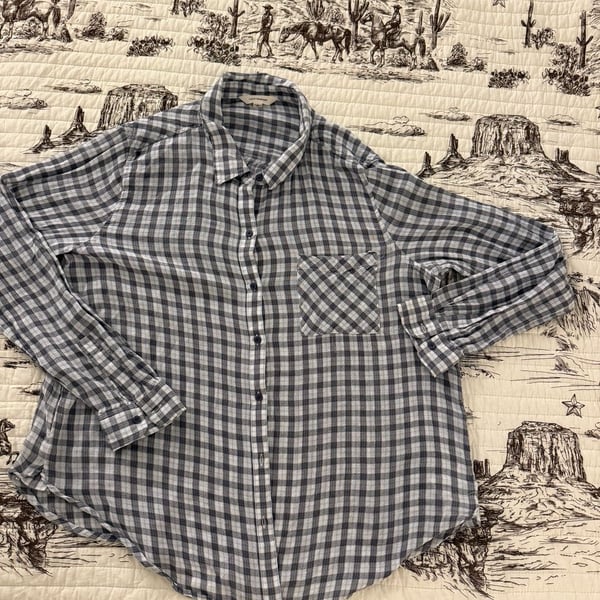 Lucky Brand Plaid Button Down Shirt Size L Blue Gray Cotton Viscose