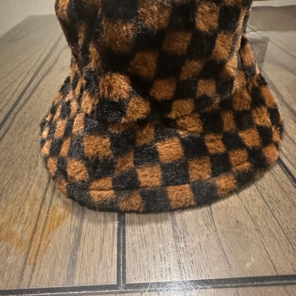 Princess Polly Faux Fur Checkerboard Bucket Hat Brown Black