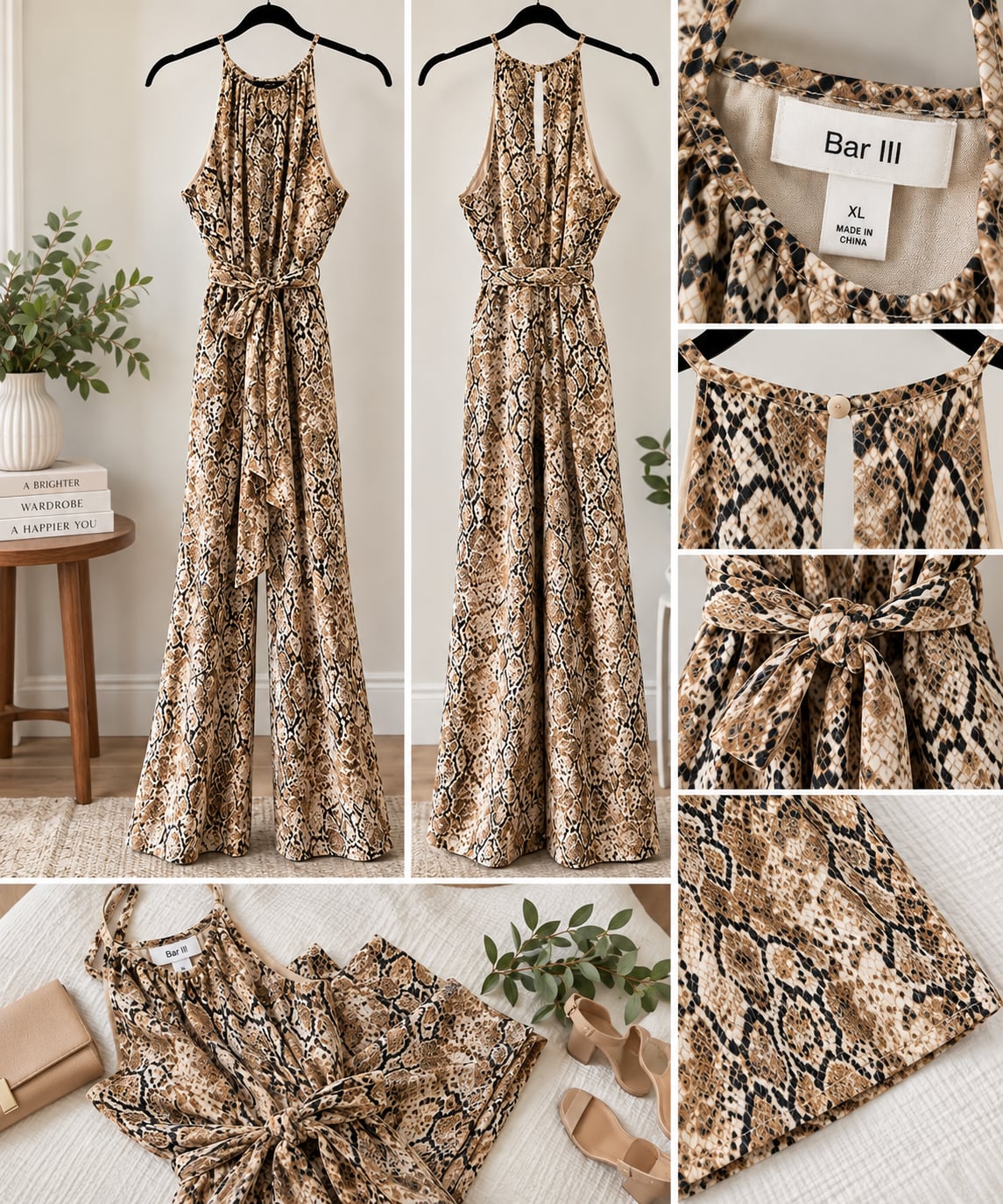 Bar III Snake Print Halter Jumpsuit Size XL Brown 2