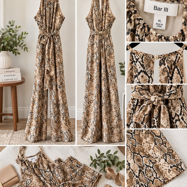 Bar III Snake Print Halter Jumpsuit Size XL Brown