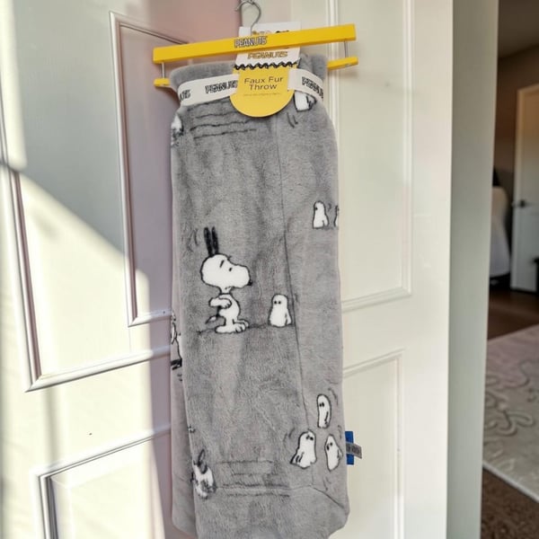 Peanuts Faux Fur Throw 60in x 70in Gray Snoopy & Woodstock Blanket