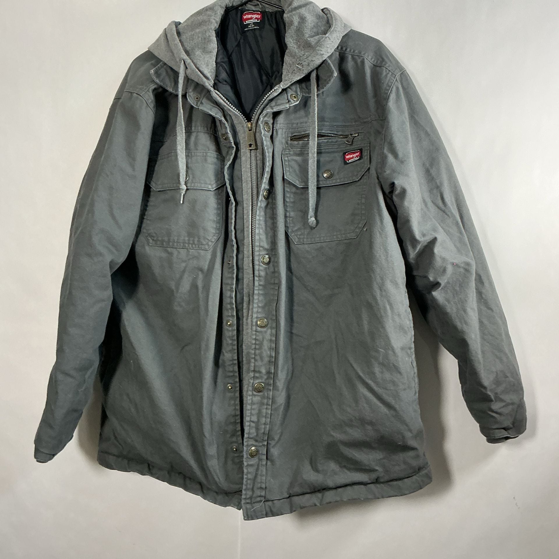 Wrangler Workwear Hooded Shirt Jacket Size L (42-44) Gray Canvas Quilted 2