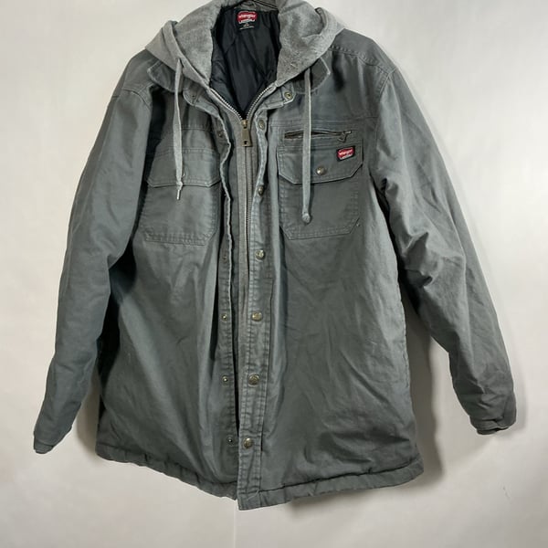 Wrangler Workwear Hooded Shirt Jacket Size L (42-44) Gray Canvas Quilted