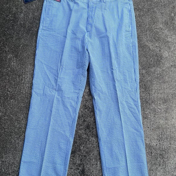 Z- Roundtree & Yorke Seersucker Pants Size 40x32 Blue White Striped Flat Front