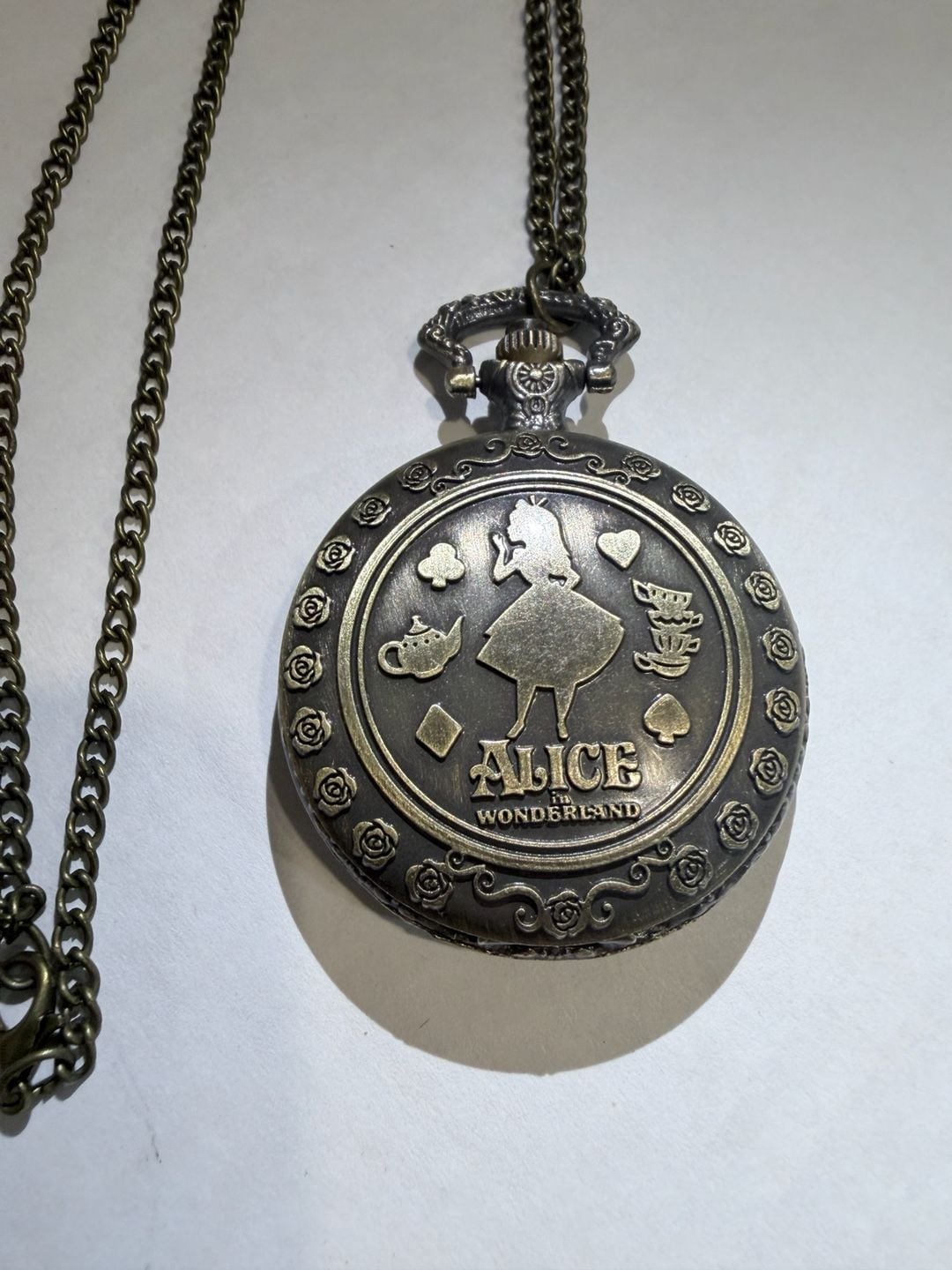 Alice in Wonderland Bronze Quartz Pocket Watch Necklace Chain 1