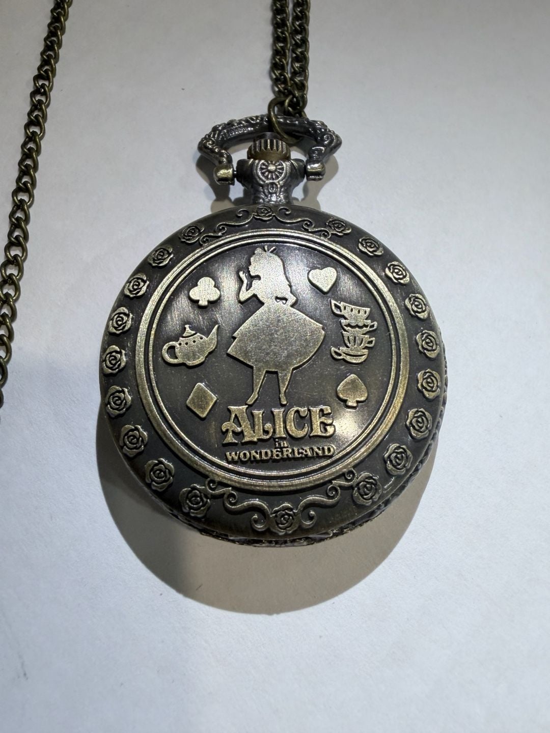 Alice in Wonderland Bronze Quartz Pocket Watch Necklace Chain 2