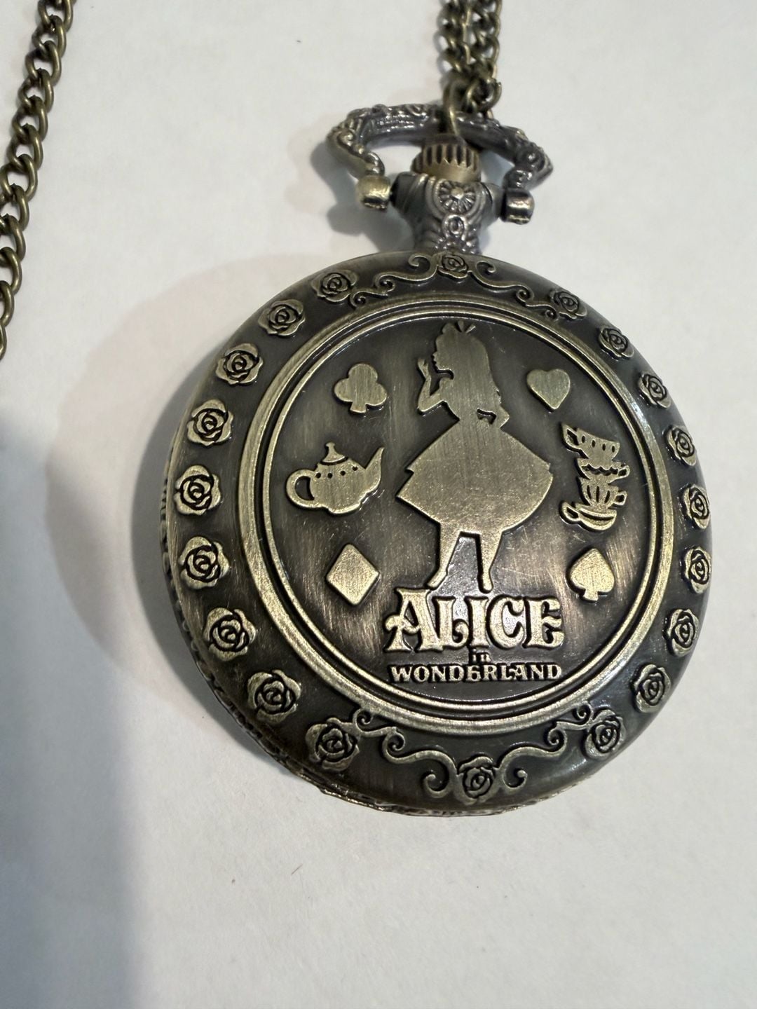 Alice in Wonderland Bronze Quartz Pocket Watch Necklace Chain 3
