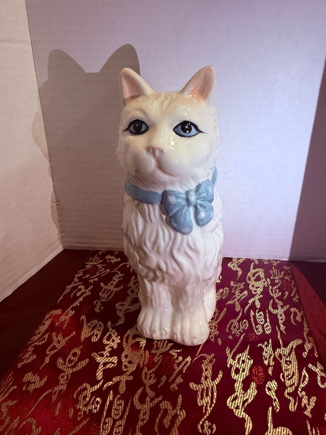 Vintage Ceramic White Cat Figurine with Blue Polka Dot Bow 1