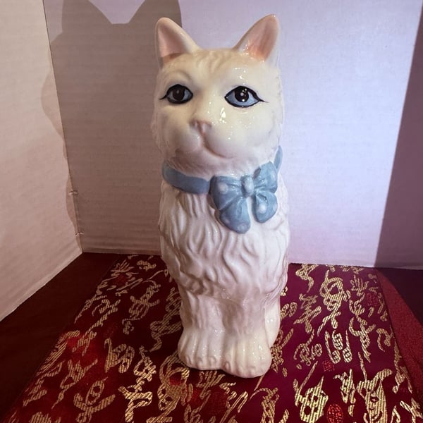 Vintage Ceramic White Cat Figurine with Blue Polka Dot Bow