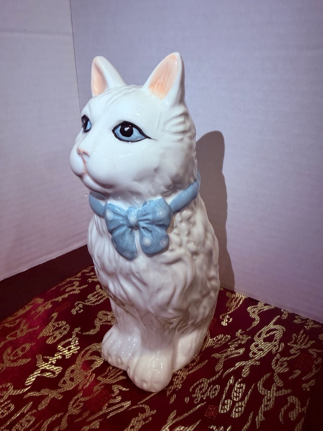 Vintage Ceramic White Cat Figurine with Blue Polka Dot Bow 2